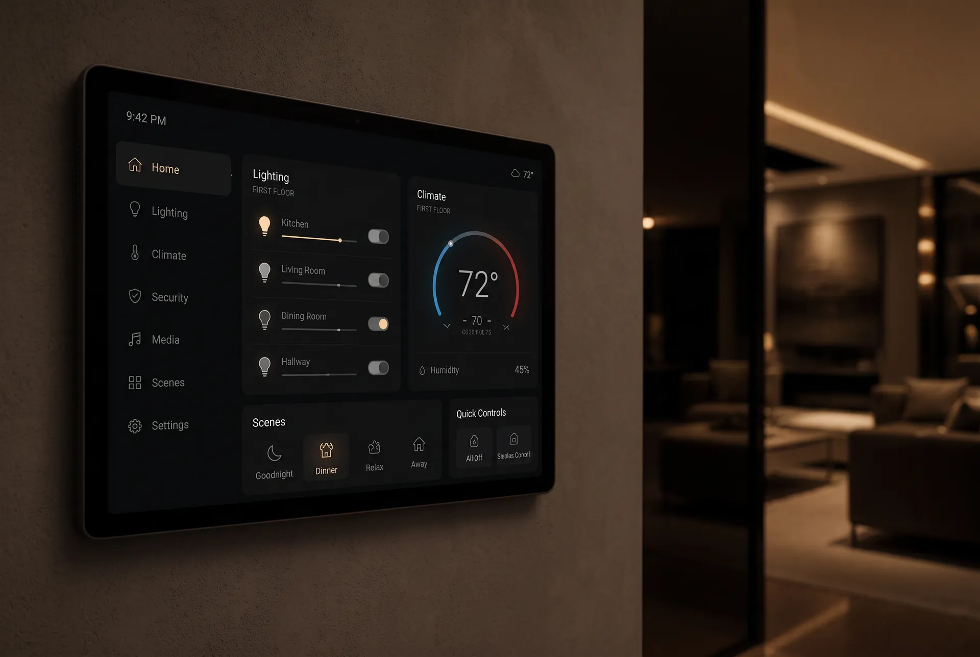 Wall-mounted home control panel showing lighting and climate scenes