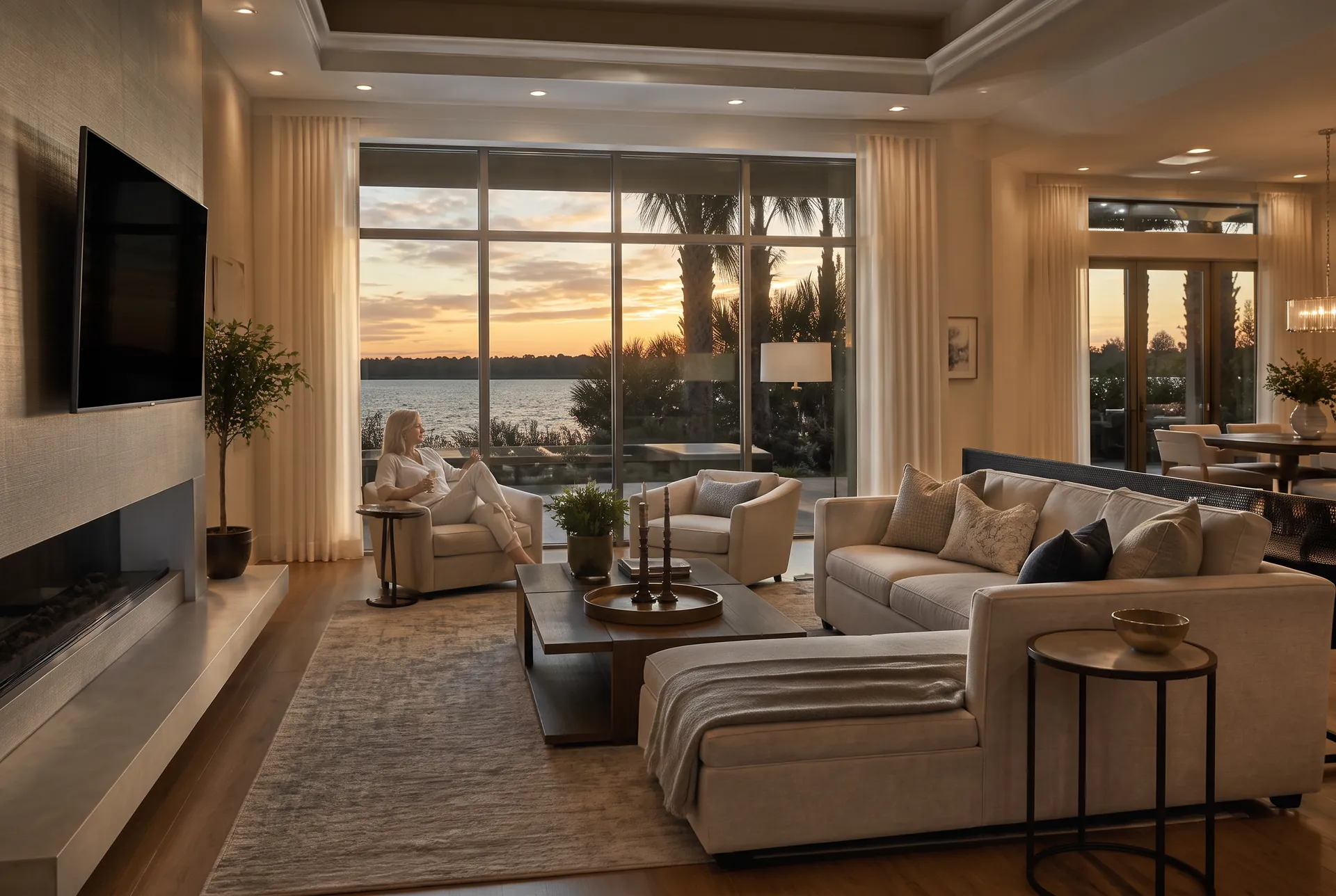 Contemporary Central Florida living room at sunset with integrated lighting and a wall-mounted television