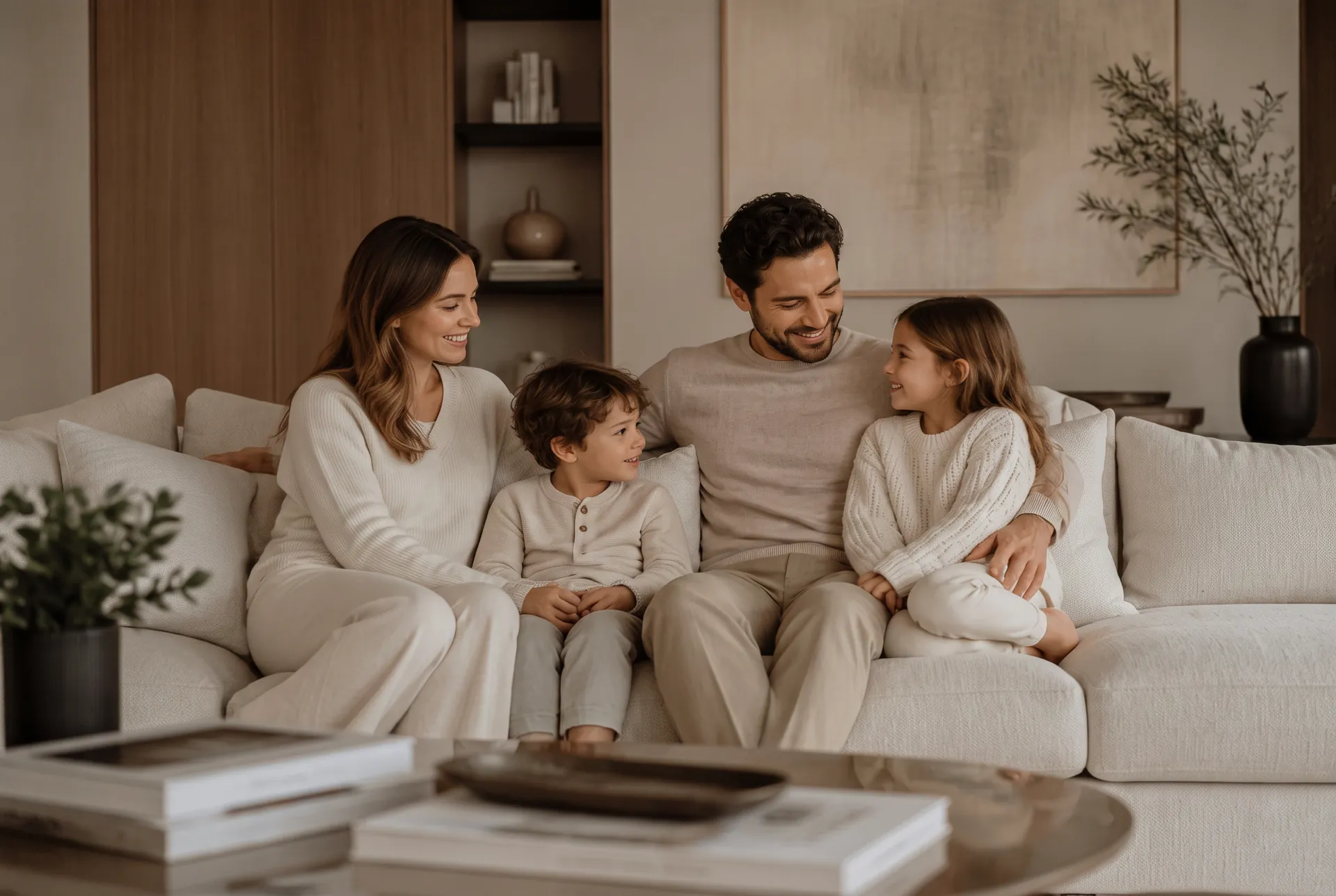 Family relaxing together in a bright, comfortable living room