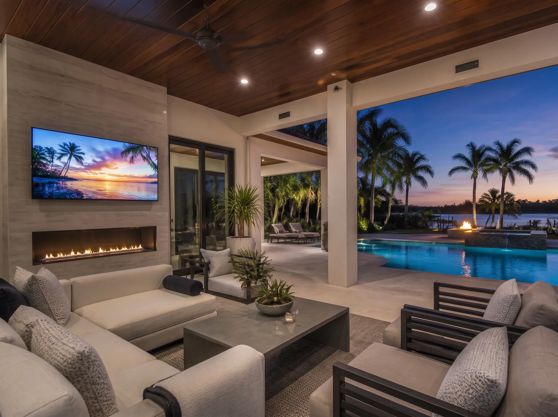 Covered lanai with an outdoor television, seating, and a pool at dusk