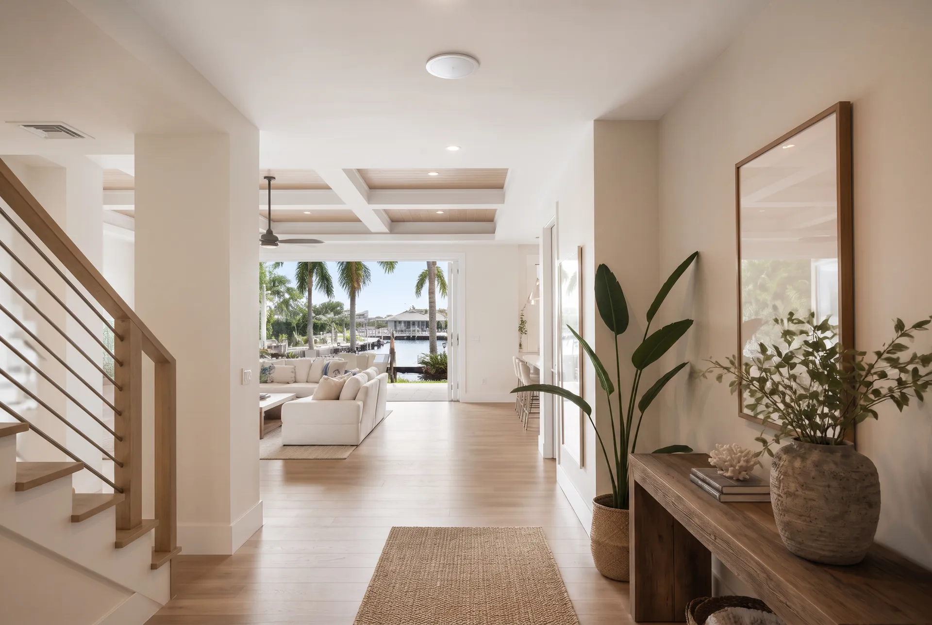 Open Florida home interior with a discreet flush ceiling-mounted wireless access point providing whole-home Wi-Fi coverage
